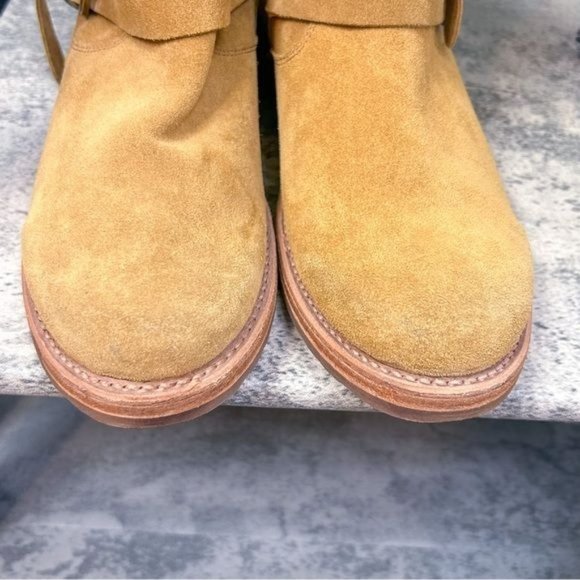 FRYE | Veronica Buckle Strap Suede Short Ankle Biker Moto Boots in ‘Brandy’ - Picture 9 of 13